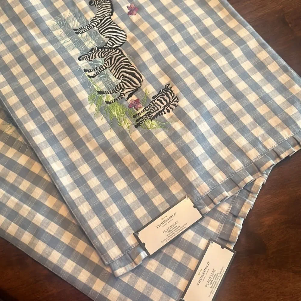 Set of two Blue Checkered Gingham Placement with Ruffles & Embroidery- 19”/14.5”
